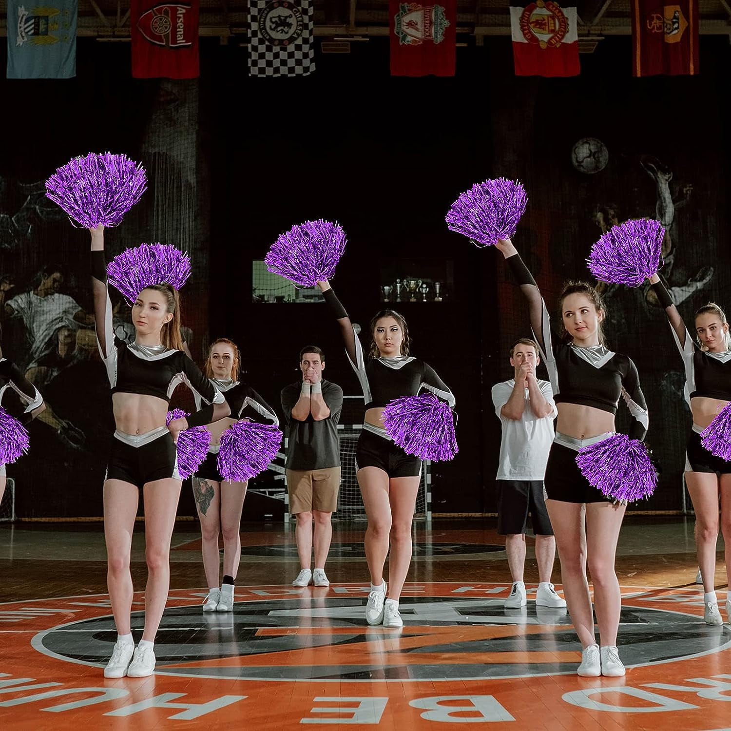 LINLIN 12Pcs Metallic Cheerleading Pom Poms with Cozy Handle, Adorable Cheerleader Pompoms Hand Flowers for Kids Adults Ball Dance Sports Team Spirit Cheering Fancy Dress Night Party