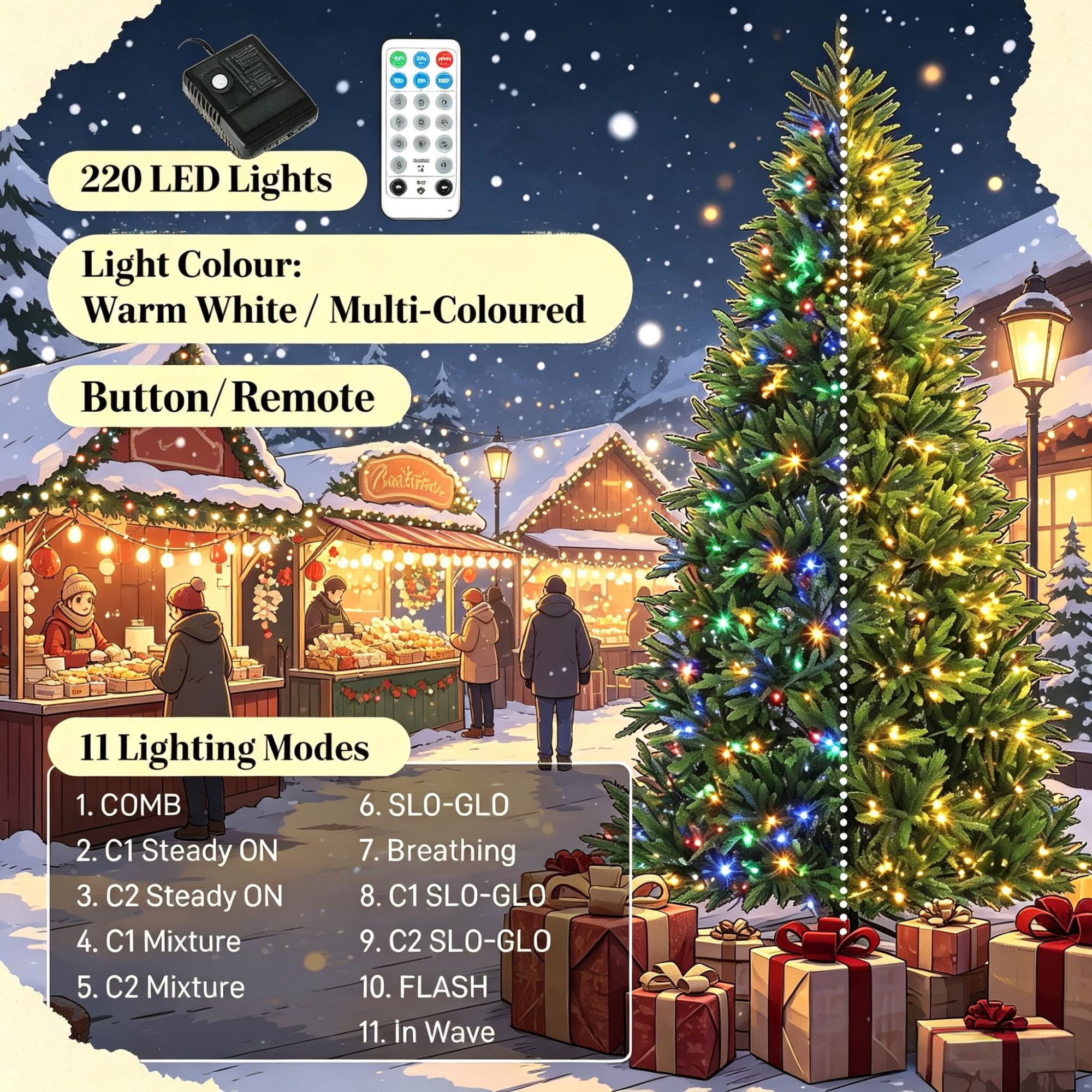 6 ft Pre-Lit Christmas Tree with 320 LED Lights, 11 Lighting Modes, Remote Control, 732 PE Tips, Hinged Assembly, Metal Stand