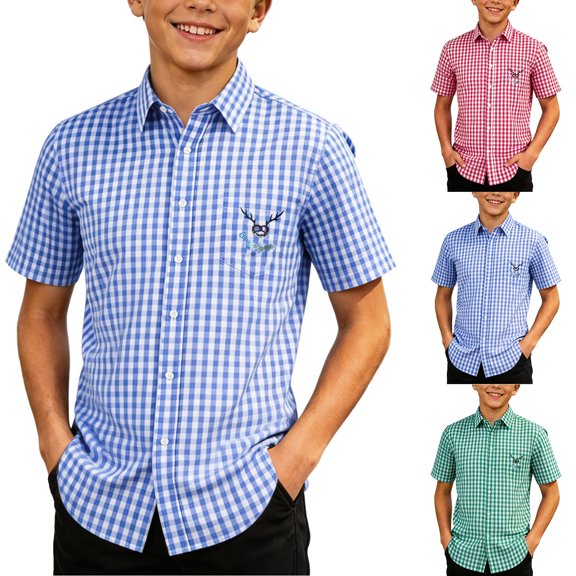 KHONTS Boys Short Sleeve Casual Shirts Summer Button down Plaid Shirt,Size 3-14 Years Red 160