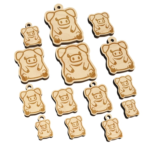 Cute Little Pig Sitting Wood Mini Charms Shapes DIY Craft Jewelry - With Hole - Various Sizes (16pcs)