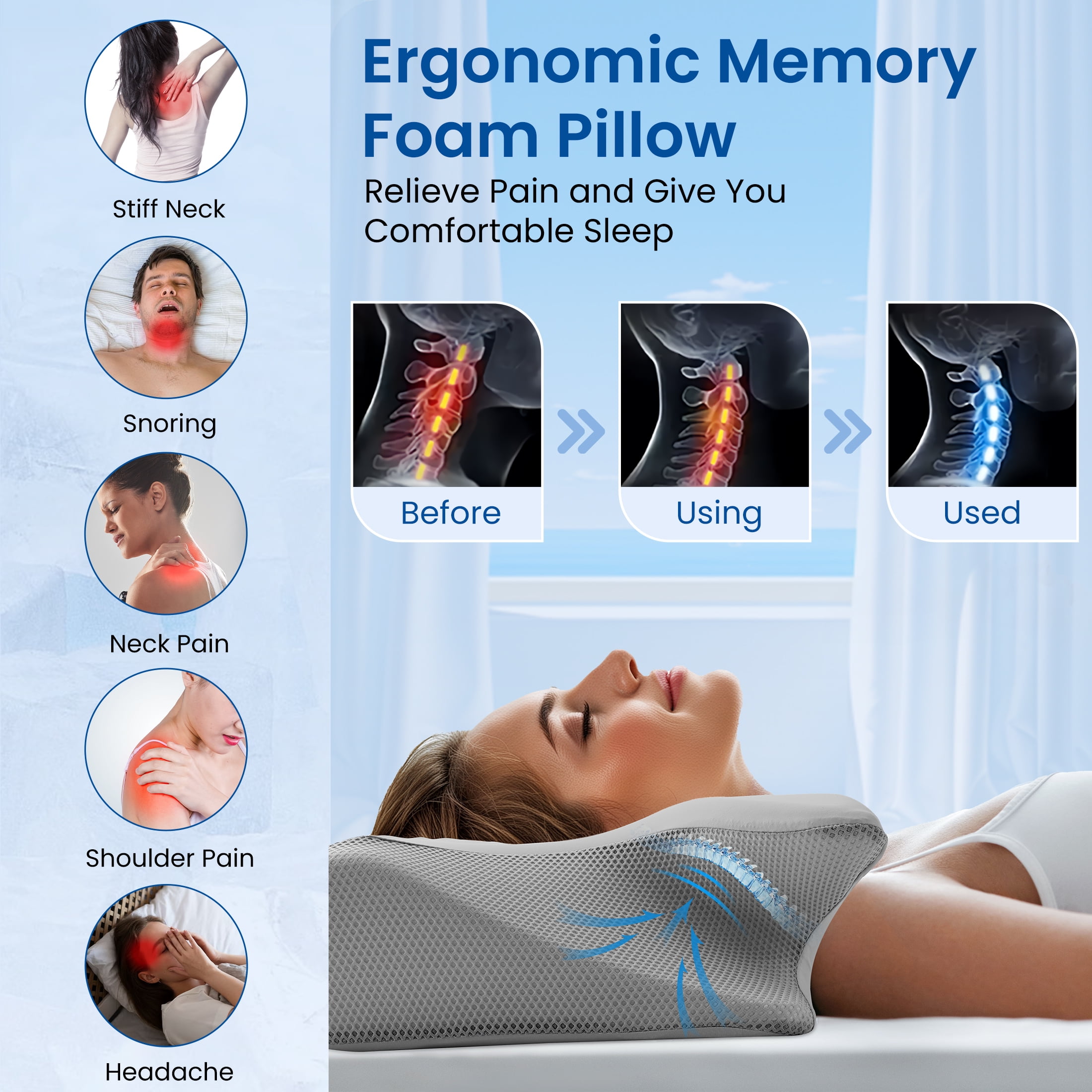Vccoem Cervical Pillow for Neck Pain Relief, Ergonomic Hollow Design, Odorless Memory Foam Pillow for Sleeping, Orthopedic Contour Neck Support Pillows with Additional Pillowcase, Gray