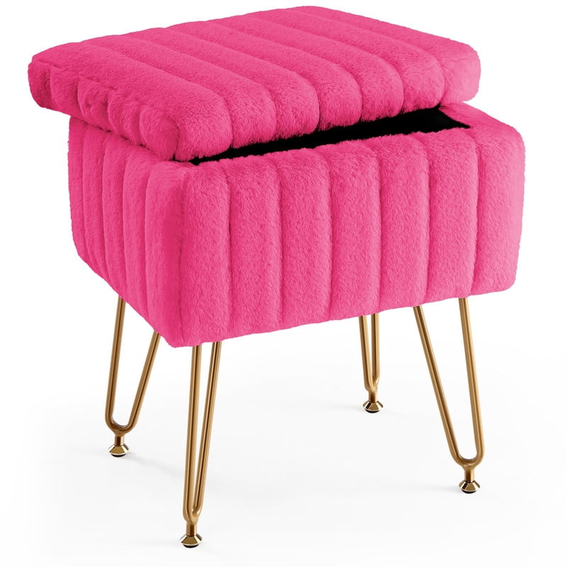 BEAUTYPEAK Vanity Stool with Storage Faux Fur Padded Makeup Ottoman with Gold Metal Legs and Adjustable Feet 18.9" Footstool, Rose