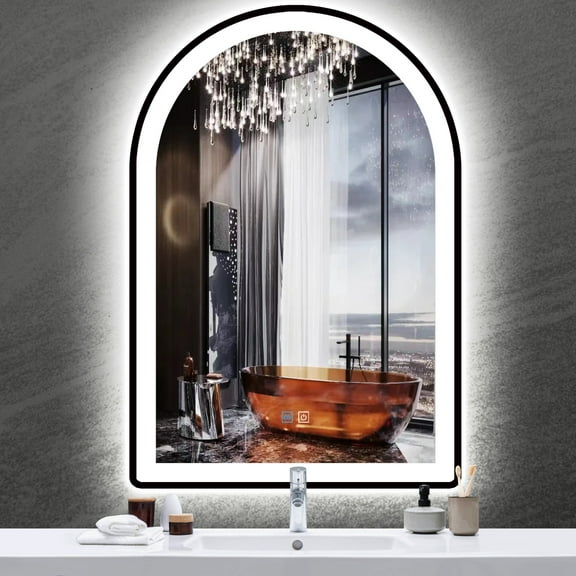 24 x 36 Inch Black Arch LED Vanity Mirror with Lights Black Frame Arched LED Mirror for Bathroom Wall Black Framed Arch Lighted Mirror 3 Color Anti Fog 36" Bathroom Arch Smart Light up Mirror