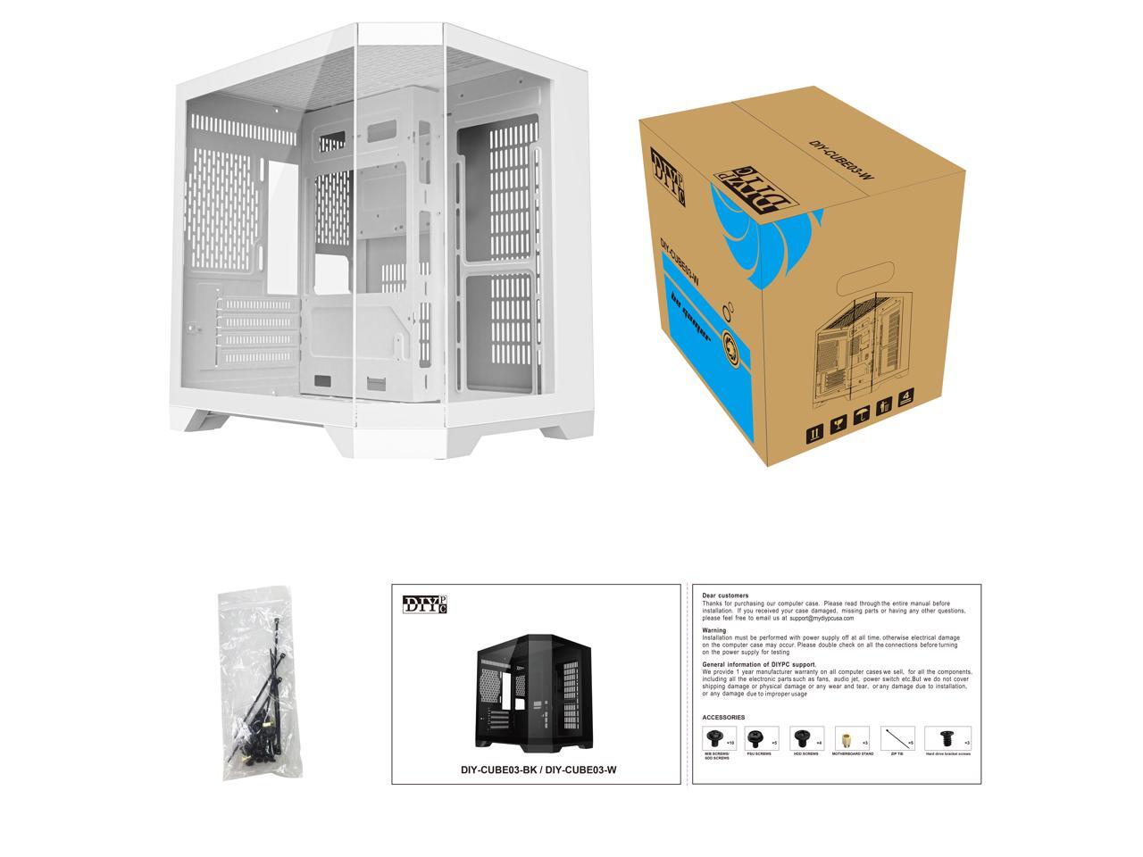 DIYPC DIY-CUBE03-W White Dual USB3.0 Tempered Glass Micro ATX Gaming Computer Case w/ 3 x Tempered Glass Panel