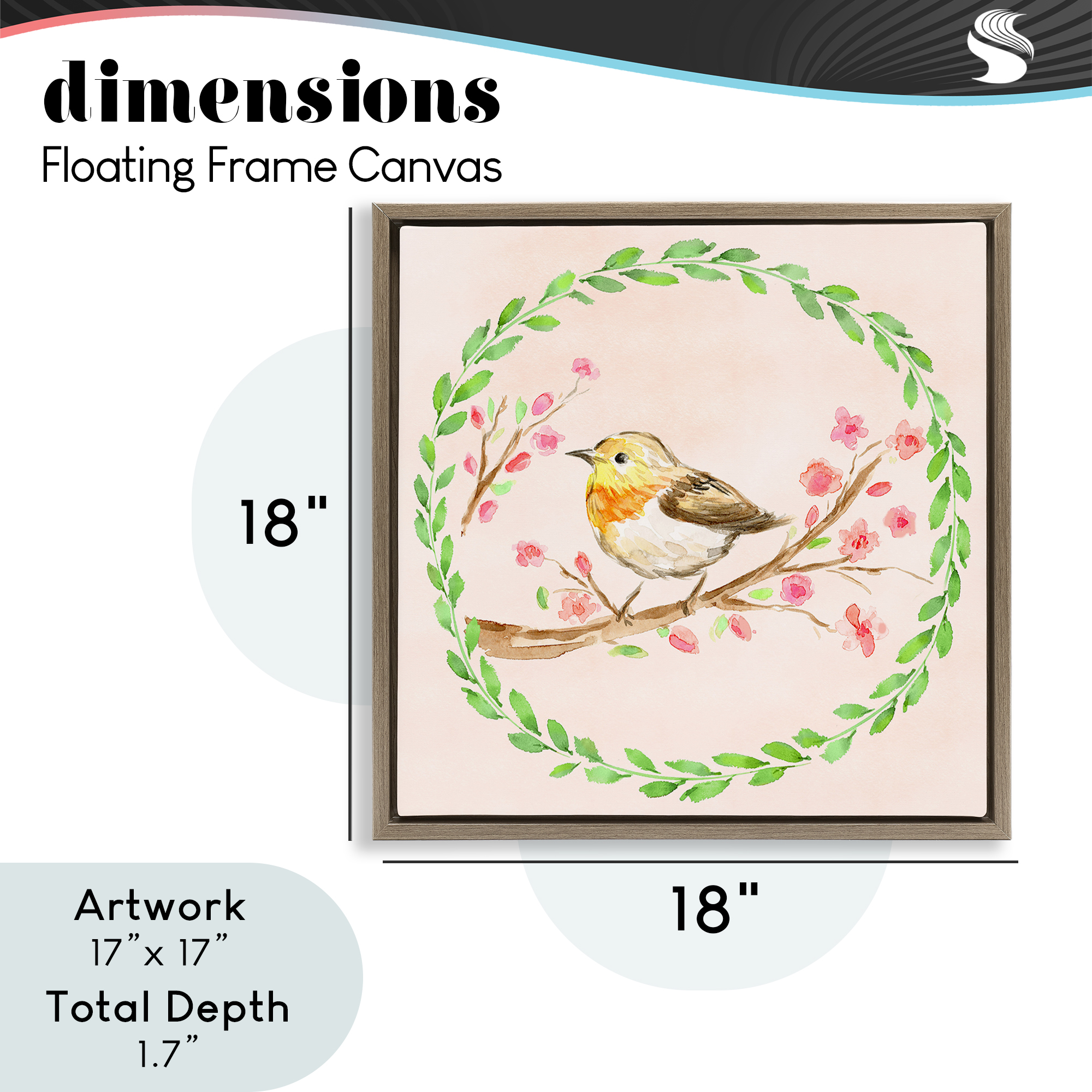Spring Wreaths Bird Brown Framed Floater Canvas Wall Art, design by Elena Fay