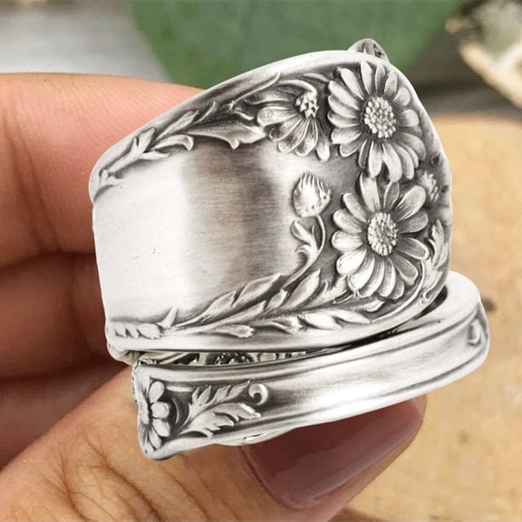 Walbest Sunflower Spoon Adjustable Ring Boho Vintage Finger Open Ring Extendable Wrap Bands for Women Men Jewelry