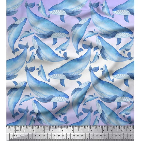 Soimoi Purple Velvet Fabric Whale Ocean Print Fabric by the Yard 58 Inch Wide