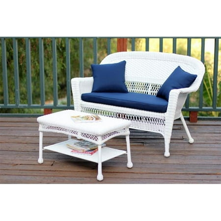 Jeco W00206-LCS011 White Wicker Patio Love Seat And Coffee Table Set With Blue Cushion