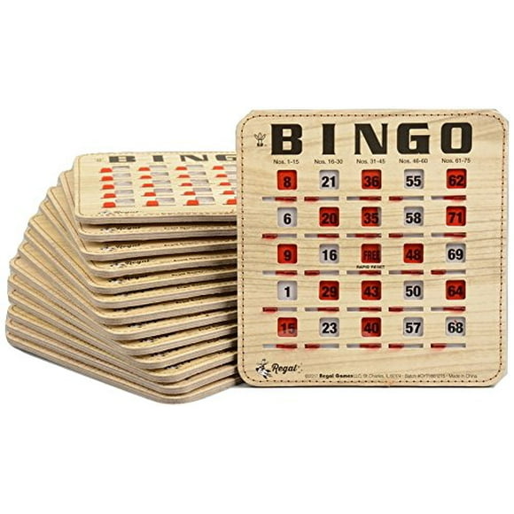 Regal Games 100 Extra Thick Stitched Woodgrain Quick Clear Rapid Reset Shutter Bingo Cards With Big Tabs (100 Pack)