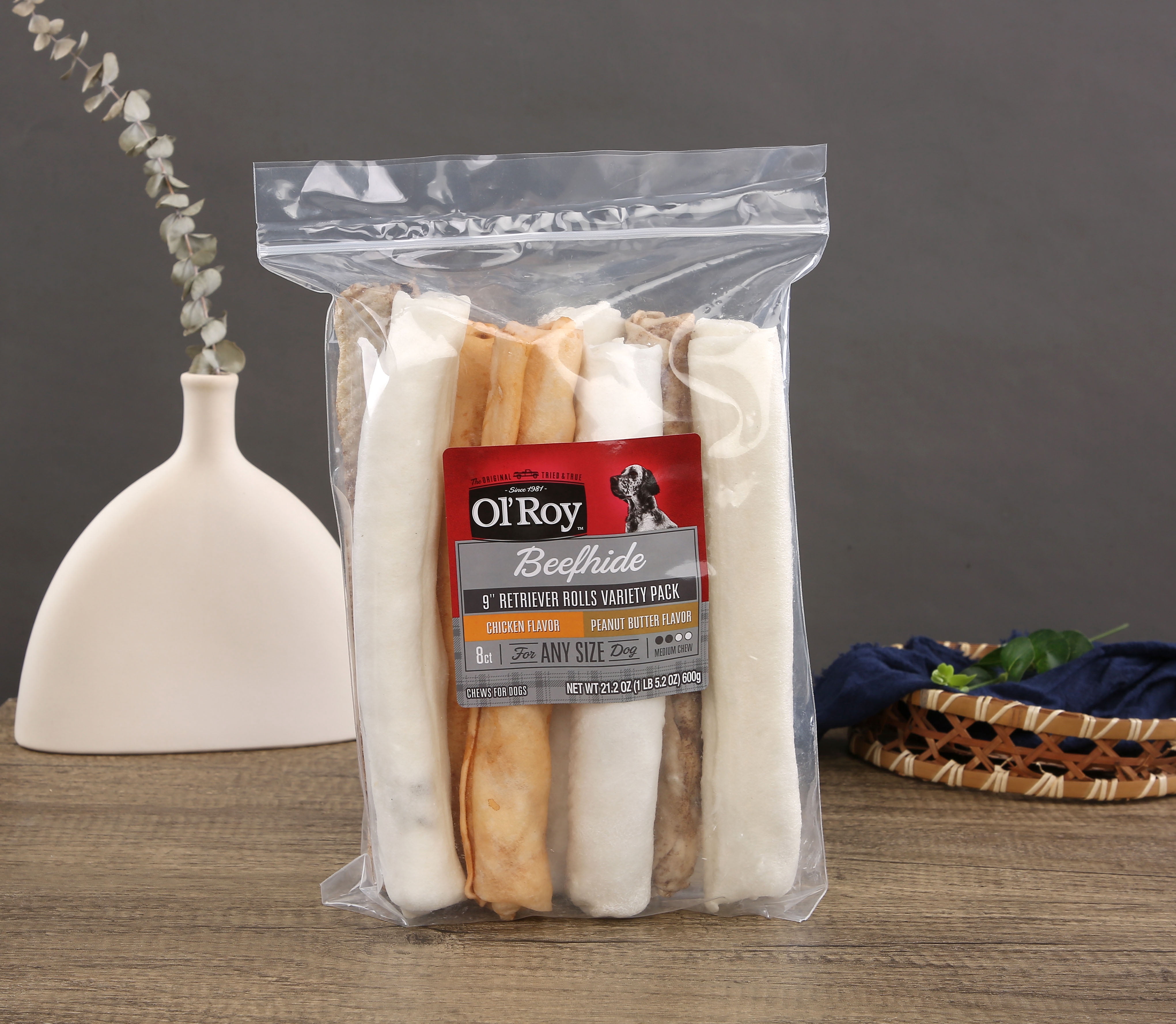 (4 pack) Ol' Roy Rawhide 9-inch Retrievers Multi-Flavored Chews for Dogs, Dry, 21.2 oz, 8 Count
