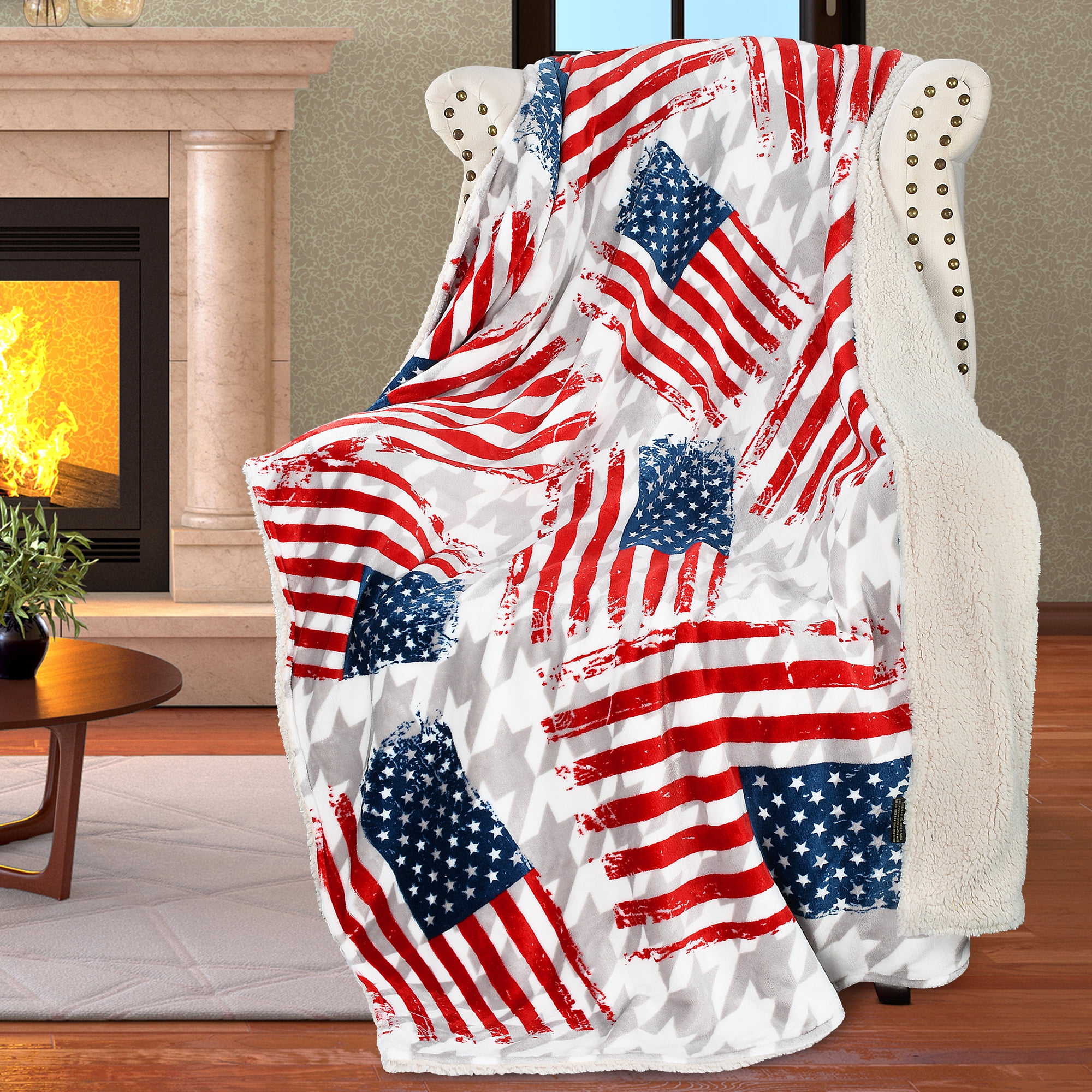 Catalonia Patriotic US Flag Blanket, Sherpa Fleece Plush Super Soft Cozy Warm Reversible Blanket
