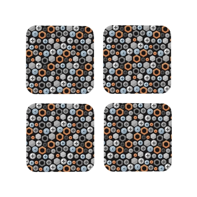 Vsdgher Colorful Screws Print Leather Coasters for Drinks, Durable Drink Coasters 4 Set for Tabletop Protection, Luxurious Home Décor and Housewarming Gift-Square