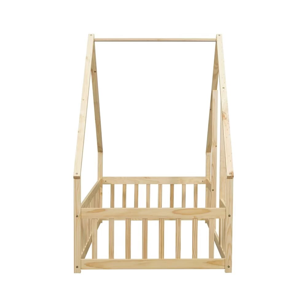 Twin Floor Bed, Wooden Montessori Bed Frame with Roof and Fence Guardrails, Natural
