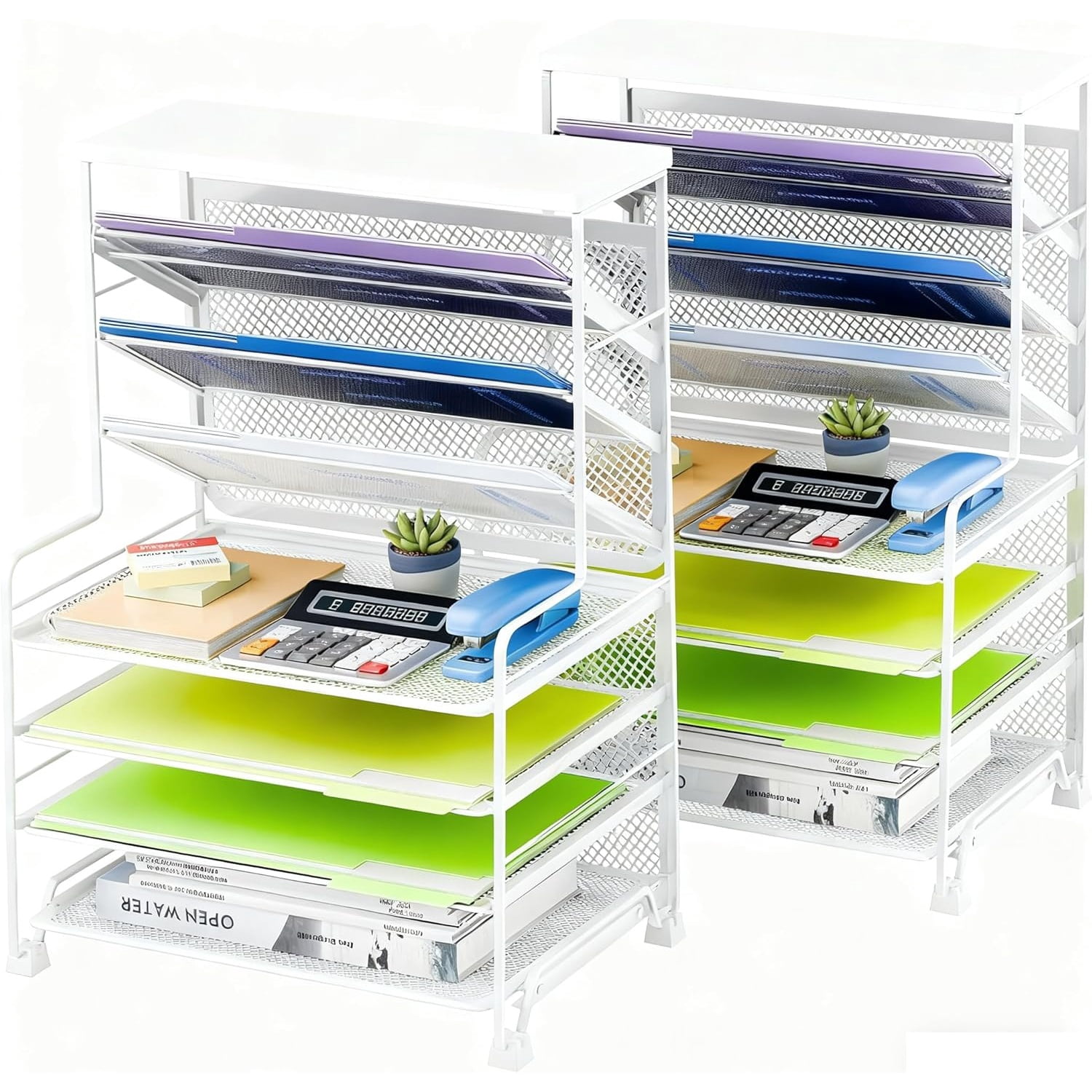 7 Tier Desk File Organizer, 2 Pack Letter Tray Paper Organizer, Mesh Desk Accessories File Folder for Office, Home or School, White
