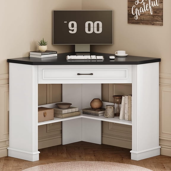 31.5" Triangle Corner Office Desk with Drawer and Open Storage Shelves, Farmhouse Computer Desk for Home Office