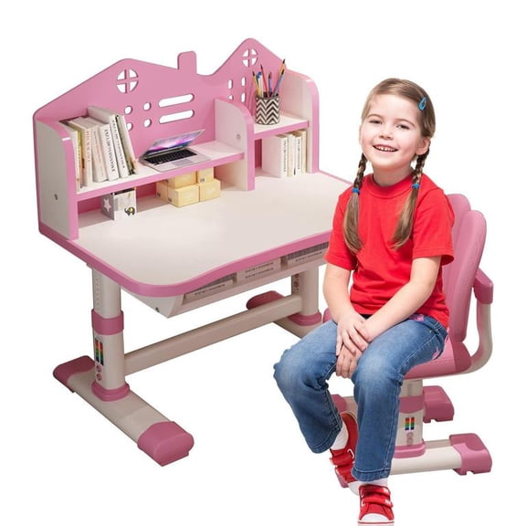 YNCE Kids Desk and Chair Set, Height Adjustable Kids Study Table and Chair Set, Children School Desk with Storage Drawer and Book Stand, Ergonomic Child Toddler Deskwith Sitting Posture Corrector