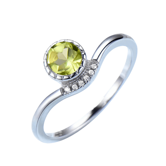 Round-Cut Lab-Created Peridot & Diamond Bezel-Set Engagement Ring in 925 Sterling Silver – Elegant and Timeless Jewelry for Women