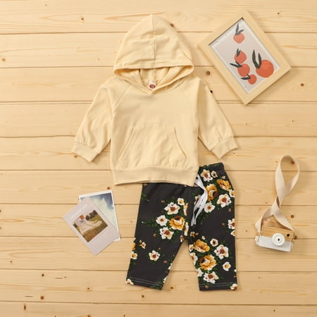 

Leutsin Newborn Infant Baby Solid Hoodie Pullover Tops + Floral Printed Pants Outfits