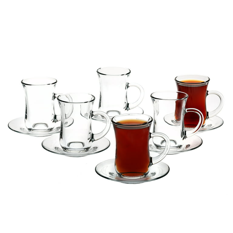 24 Pc Turkish Tea Glasses Set with Holder Handles Saucers Spoons Glass Cups