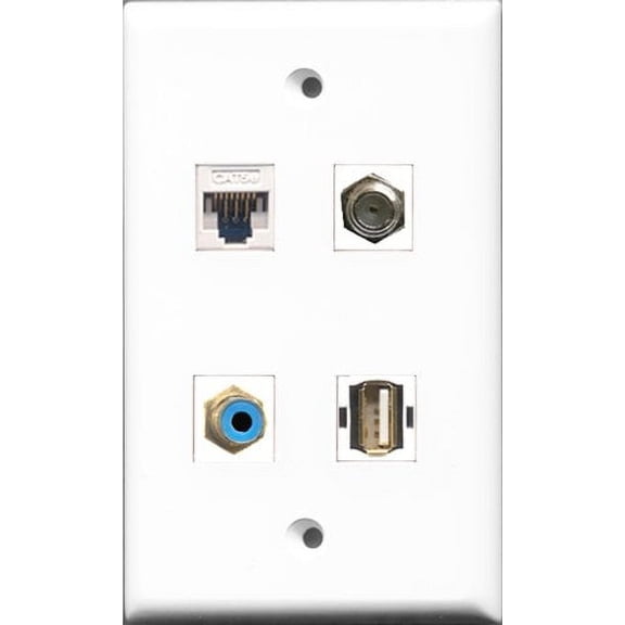 RiteAV - 1 Port RCA Blue and 1 Port Coax Cable TV- F-Type and 1 Port USB A-A and 1 Port Cat5e Ethernet White Wall Plate