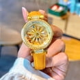 thumbnail image 3 of Reloj de Cuarzo para Mujer con Esfera de Cristal Giratoria, Tono Dorado, Correa de Cuero Amarilla, Reloj de Pulsera Casual Impermeable 3ATM, 3 of 7