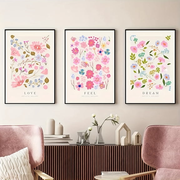 Floral Gallery Wall Art Prints Set of 3, Pastel Watercolor Wildflowers Poster, Botanical Love Feel Dream Motivational Quotes, Frameless Home Decor for Living Room Bedroom