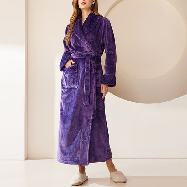 RXIRUCGD Peignoir Long pour Femme à Col Épaissi, Col Confortable, Robe de Nuit, Tenue d'Intérieur ( Violet, Taille : M )