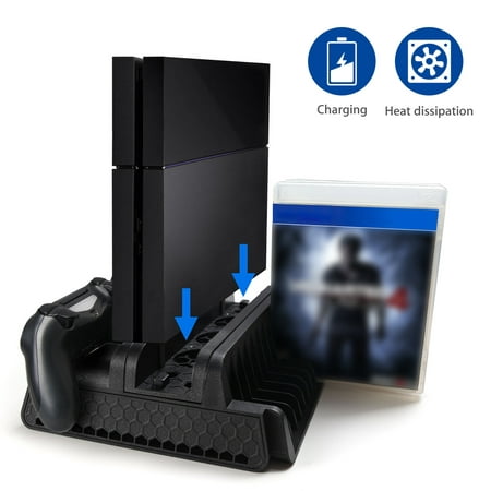 Vertical Stand for PS4 Slim/PS4 Pro/Regular PS4 Controller Charger with 3 Cooling Fan Games Storage, EXT Dual Charging Station for PlayStation 4 Console Dualshock Controller Accessories
