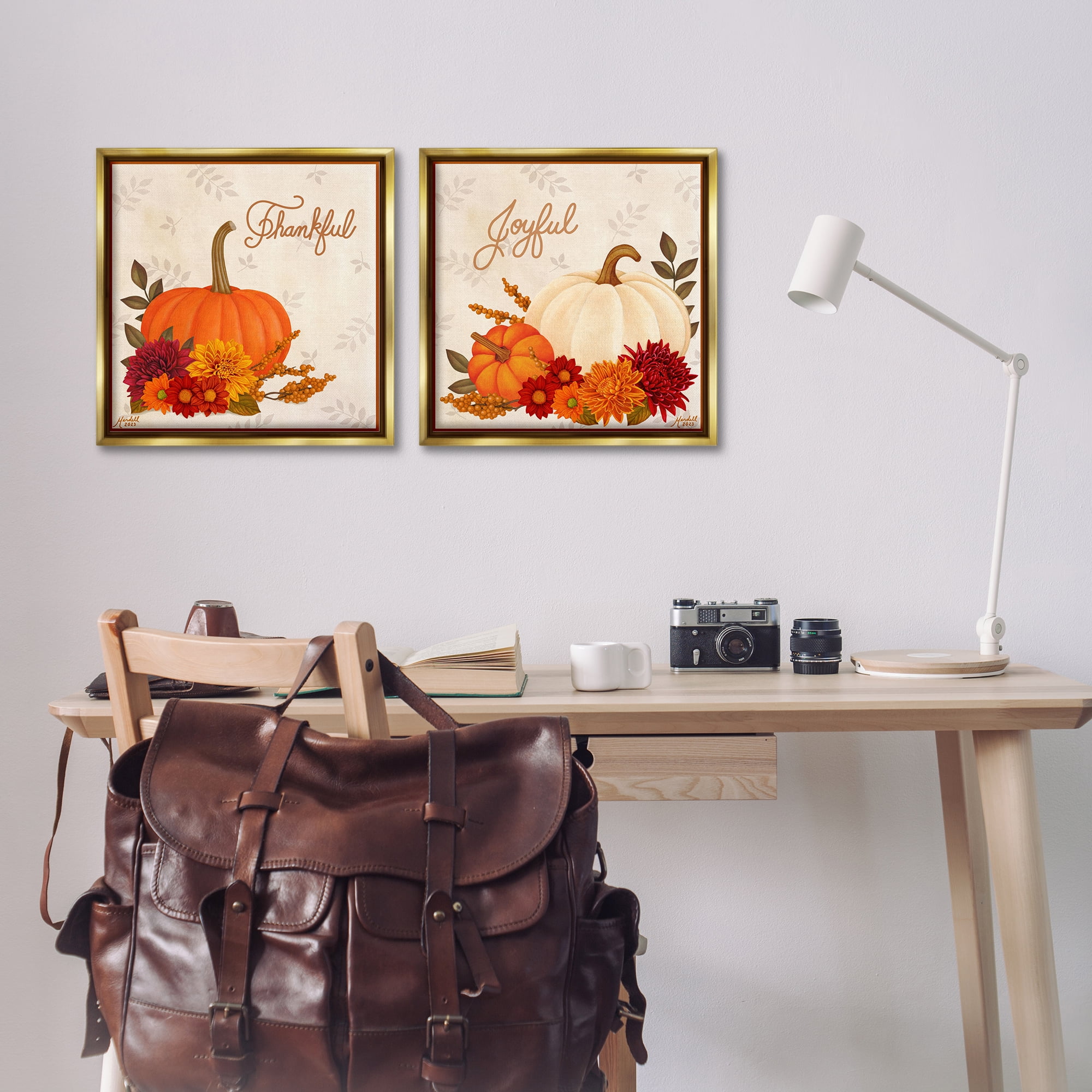 Stupell Industries Joyful Thankful Sentiment Pumpkin Holiday Painting Gold Floater Framed Canvas Art Prints Wall Art, 18 x 18, Set of 2