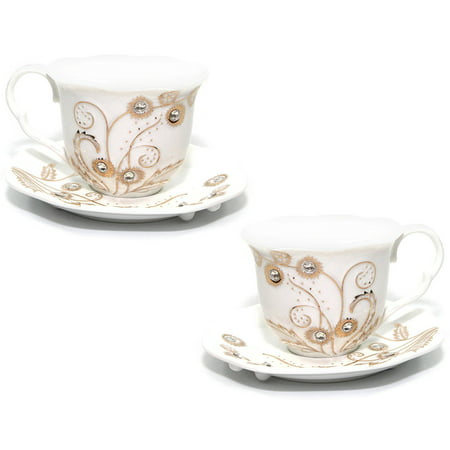Euro Porcelain Rococo 4-pc Coffee Tea Cup Set, 24K Gold-plated w/ Swarovski Design inlaid Rhinestones, Bejeweled Bone China Cups (8 oz) w/ Square Saucers, Service for