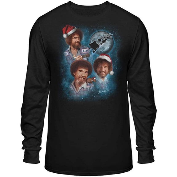 Teelocity Bob Ross Christmas Moon Long Sleeve (Medium - Standard Fit, Black)