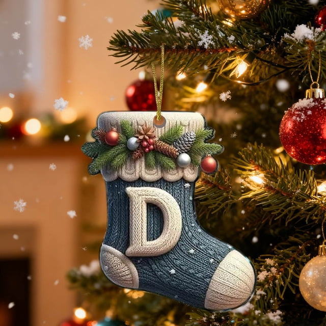26 Letters Acrylic Christmas Stocking Ornaments Personalized Knit-Style Hanging Decor for Tree Gift Tags - 26 Alphabet Charms with Golden Cord Festive