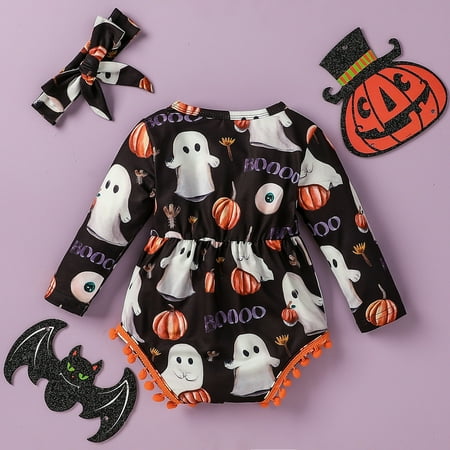 

Yubatuo Infant Baby Kids Girls Romper Set Long-slevees Romper + Headband Halloween White 70