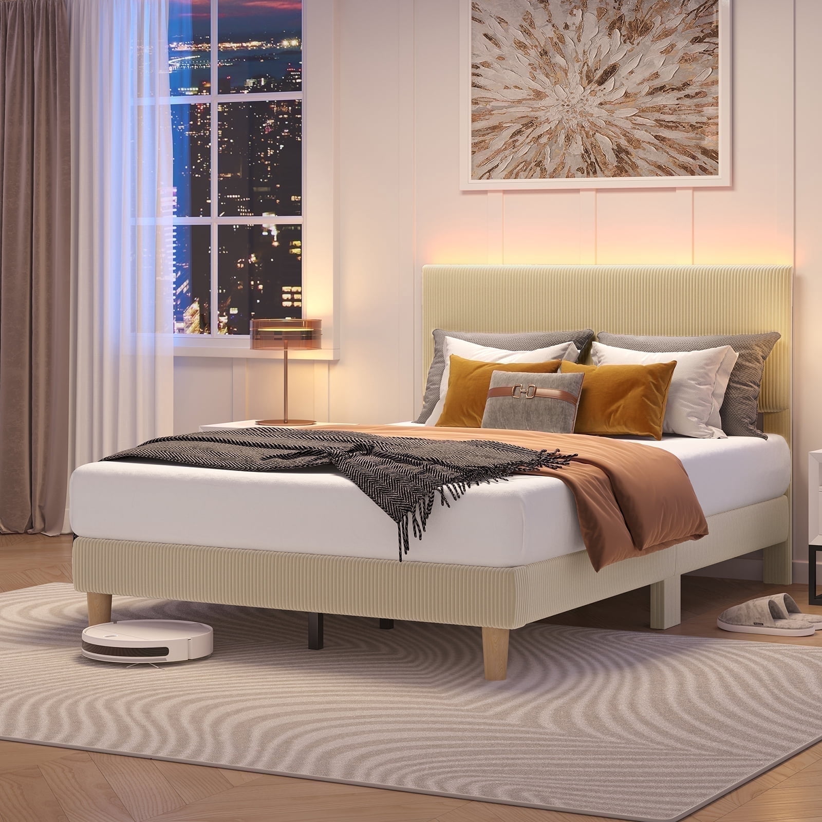 Bestier Corduroy Upholstered Full Bed Frame with Adjustable Headboard, Platform Bed Frame with LED Light, Solid Wood Slats, No Box Spring Needed, Beige