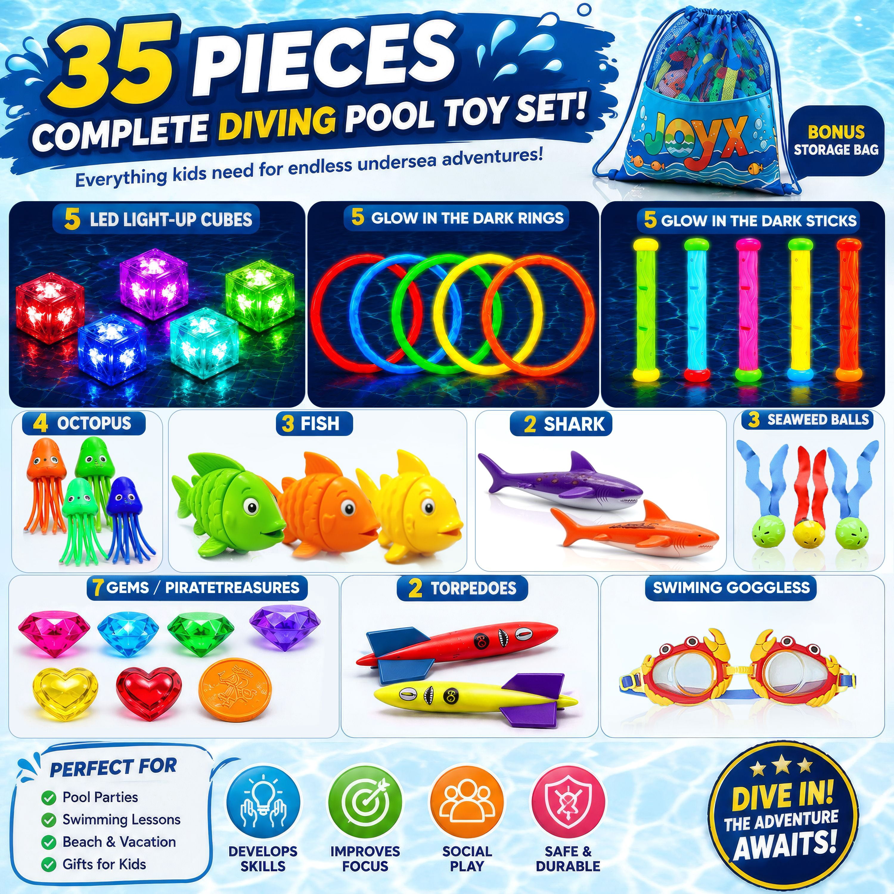 35 Pcs Glow Pool Diving Toys w/ LED Cubes & Goggles – Fun Summer Swim Learning for Kids