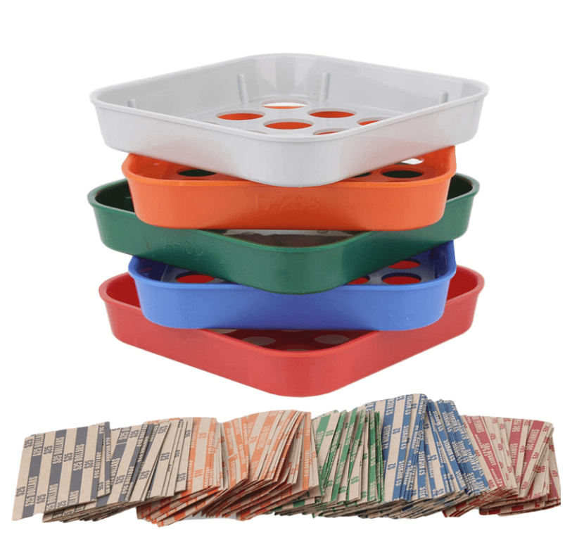 Coded Coin Counters Sorting Tray Bundled with 110 Assorted Flat Roll