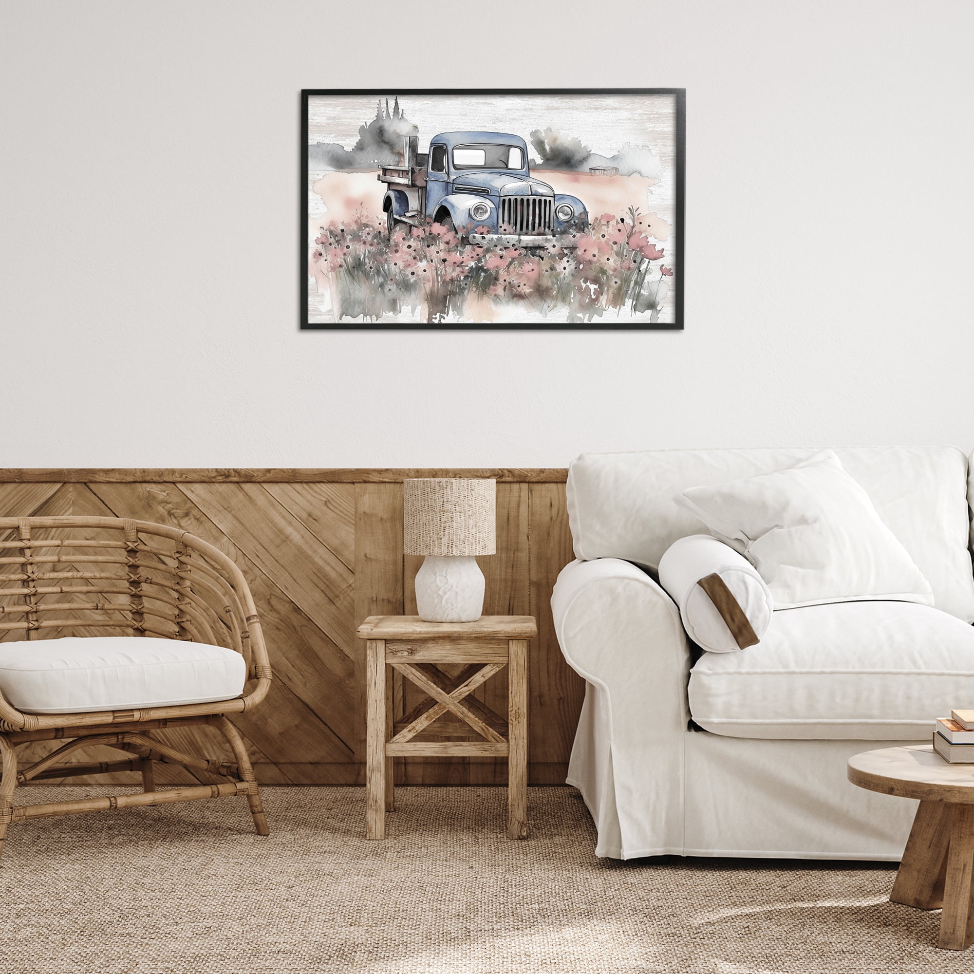 Stupell Industries Pickup in Floral Meadow Transportation Painting Black Framed Art Print Wall Art, 30 x 20