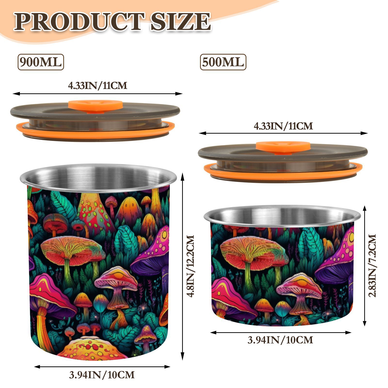 Neon Mushroom Airtight Coffee Bean Canister 30oz Food Storage Containers with Lids For Gournd, Tea, Sugar, Flour, Rice, Cereal, Candy Cookie Jar