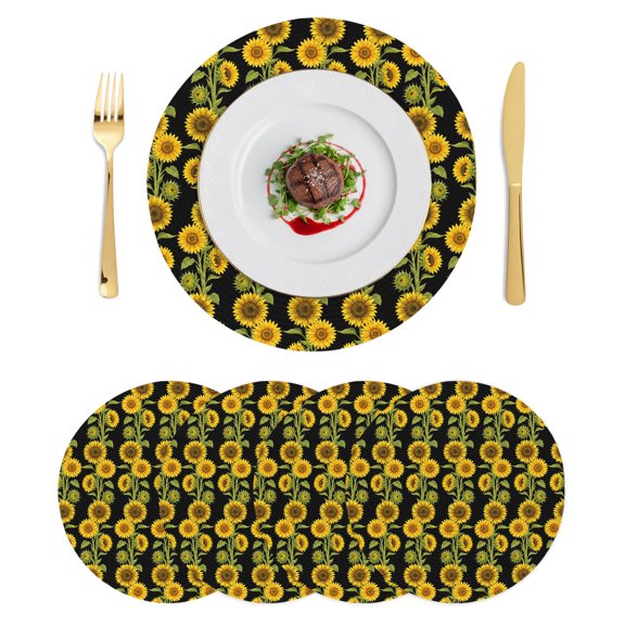 Round Placemats Spring Sunflowers 15 inch Set of 4 Table Mats for Dining Table Summer Floral Vintage Black Heat Resistant Non-Slip Kitchen & Home Decorative Place Mat Set