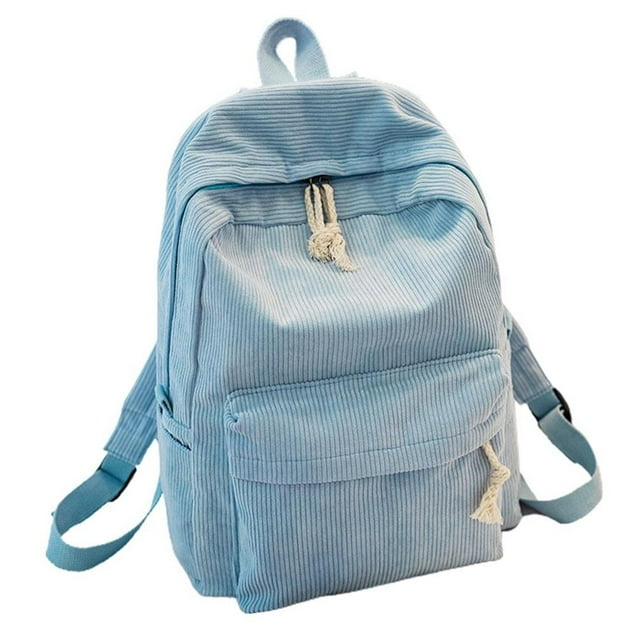 Striped Backpack Outdoor College Large Capacity Solid School Bag Female Corduroy Fashion Travel Rucksack Students Adults Light Blue