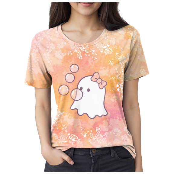 vigerkar Halloween Shirts for Women Ghost T-Shirt Short Sleeve Halloween Party Tee Tops (Light Pink, XXL)