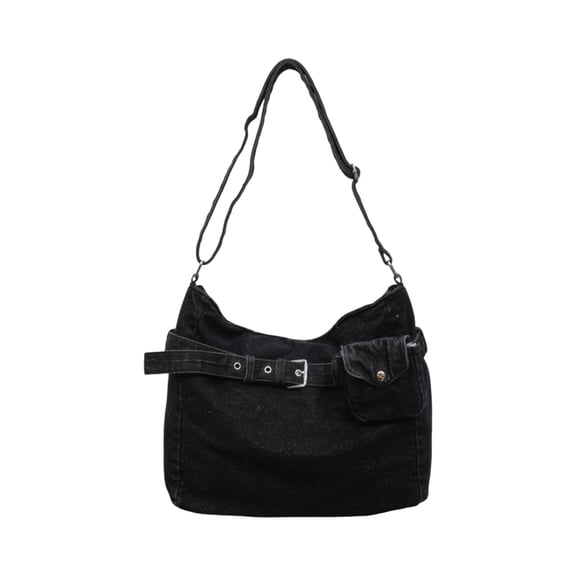 Women's Medium Denim Shoulder Bag - Hobo Tote Crossbody Handbag with Zippered Compartment and Decorative Belt