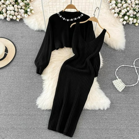 Riforla Women Suitable Knitted Dress Two Piece Suit Pullover Top and Dress Bodycon 2 Piece Set Jumper Midi Dress Knitted Dress Set Dress Sets Black One Size