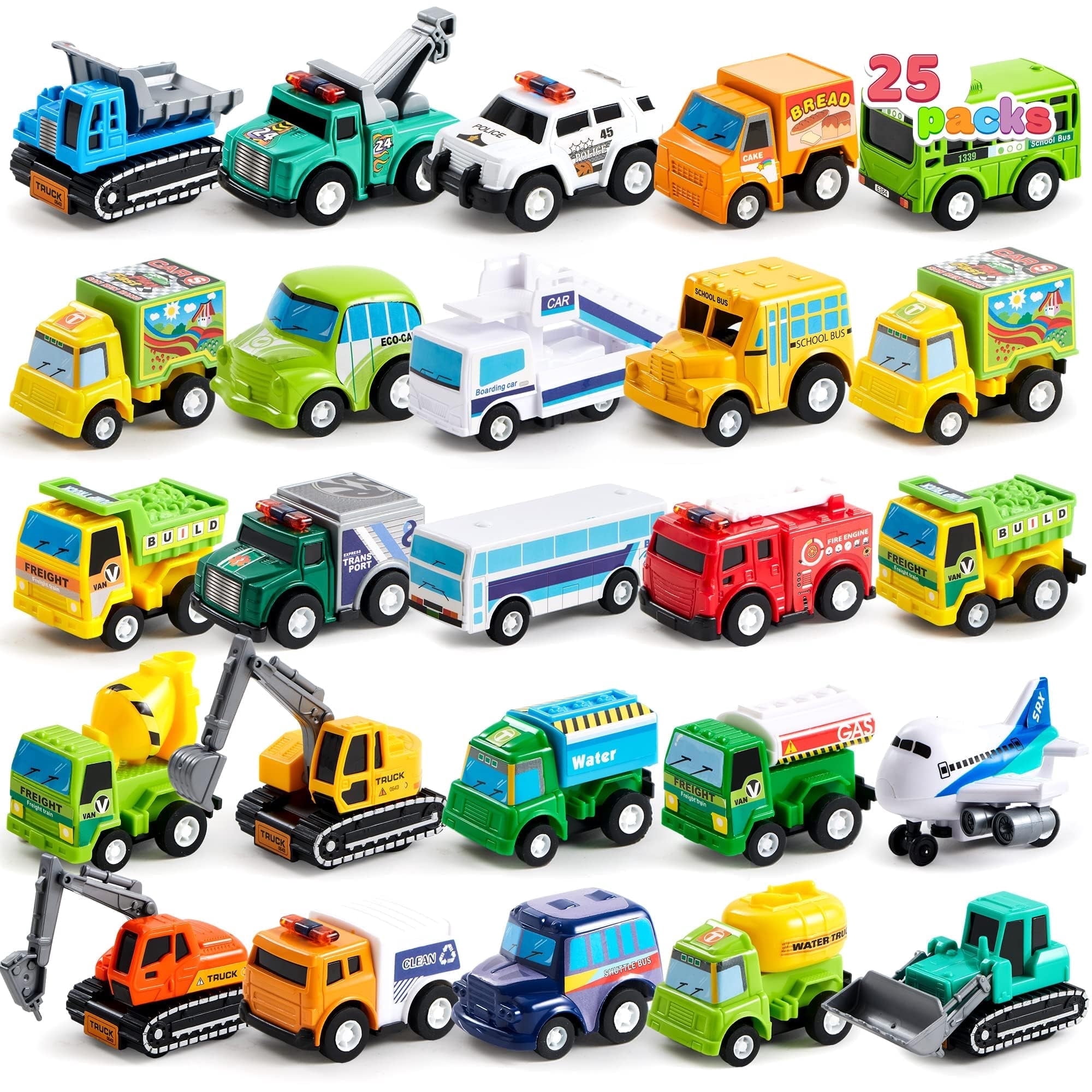 JOYFY 25 Pcs Kids Toy Cars Bulk, Pull Back Cars and Trucks Play Vehicles Set, Mini Excavator Party Favors Birthday Gift for Boys and Girls