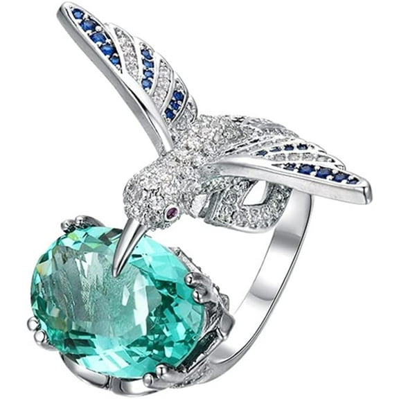 Gem Stone Hummingbird Ring Dainty Simulated Aquamarine Shiny Birthstone Open Adjustable Rings for Women Personalized Unique Cubic Zirconia Jewelry for Her Mom Beautiful Lady Birthday Xmas