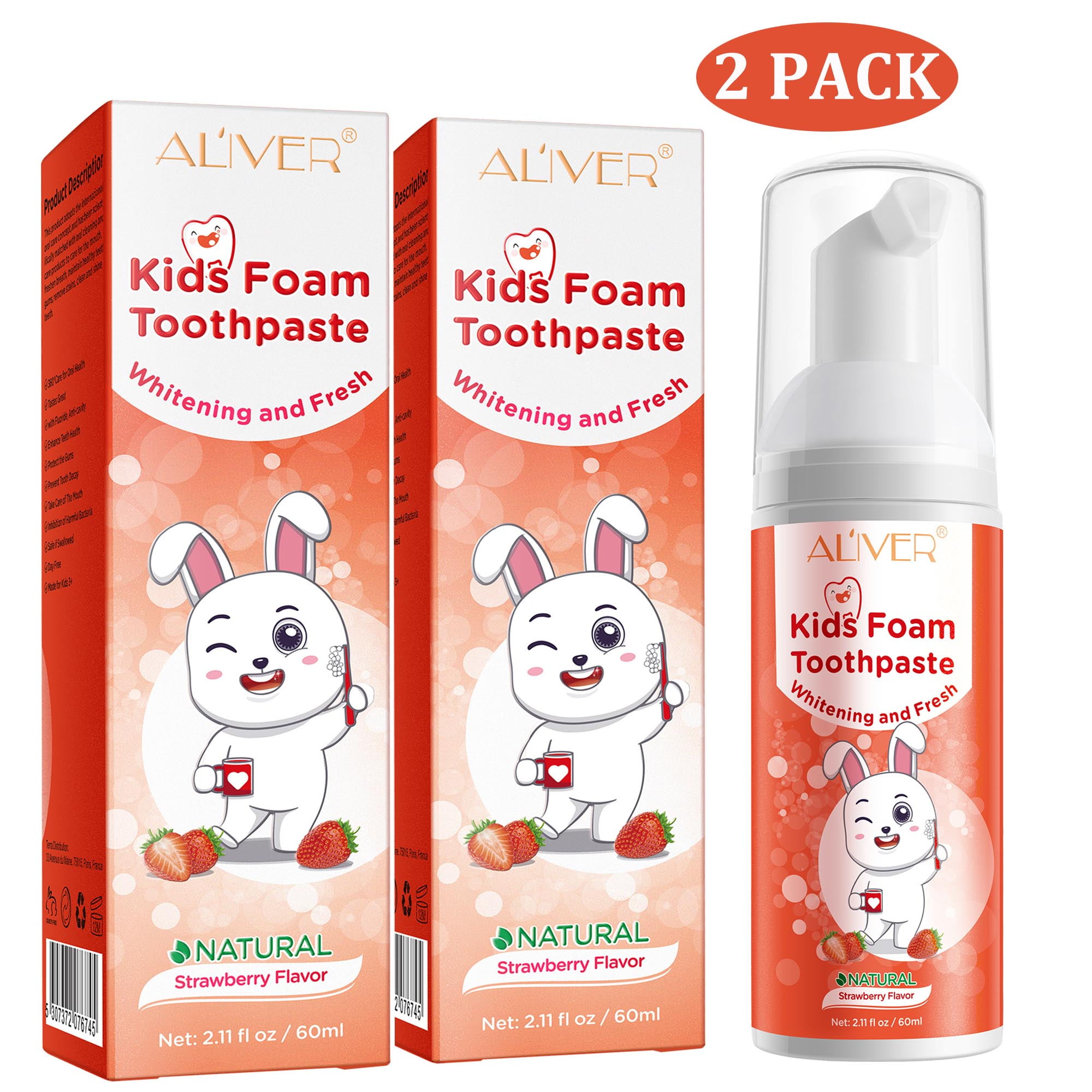Aliver (2 Pack) Kids Foam Toothpaste Strawberry, Mild Foaming Low
