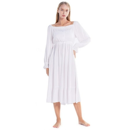 

EFINNY Women s Nightgowns Retro Long Sleeve Cotton Nightdress Victorian Classic Square Neck Sleepwear S-2XL