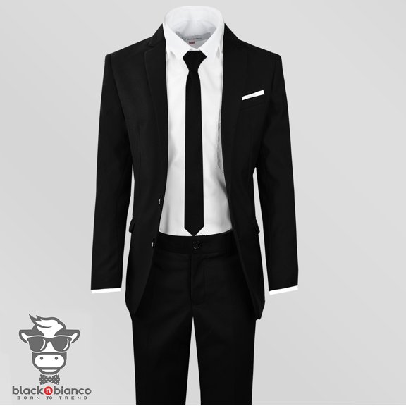 Black N Bianco Boys Slim Fit Suit in Black Dresswear Set, Polyester