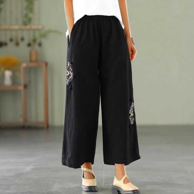 Babysbule Long Pants for Women Pants For Ladies Casual Summer Drawstring Elastic High Waist Linen Pant Pockets Cropped Trouser