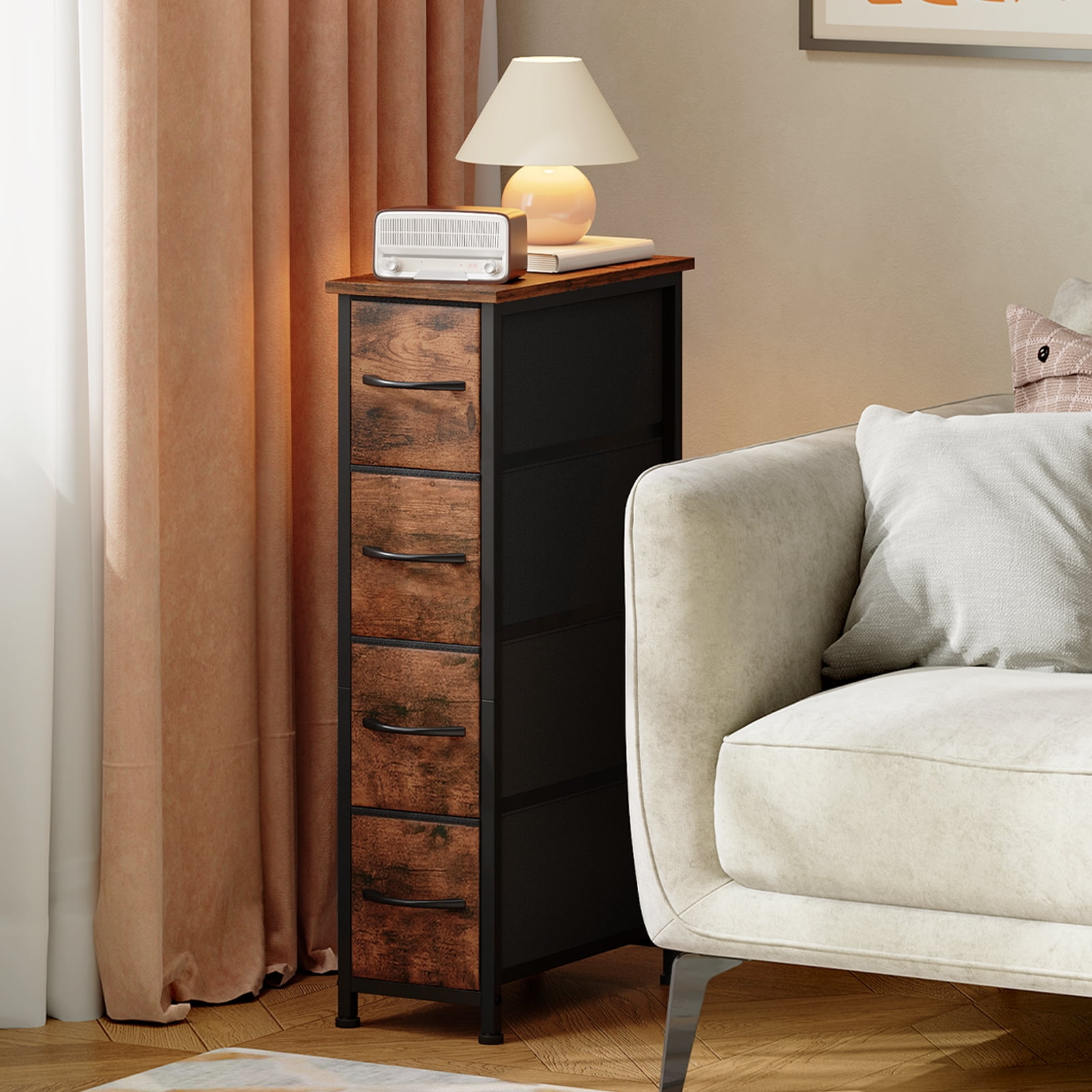 Eunos Narrow Dresser with 4 Slim Drawers for Bathroom Storage Cabinet Hallway, Wood Grain Print
